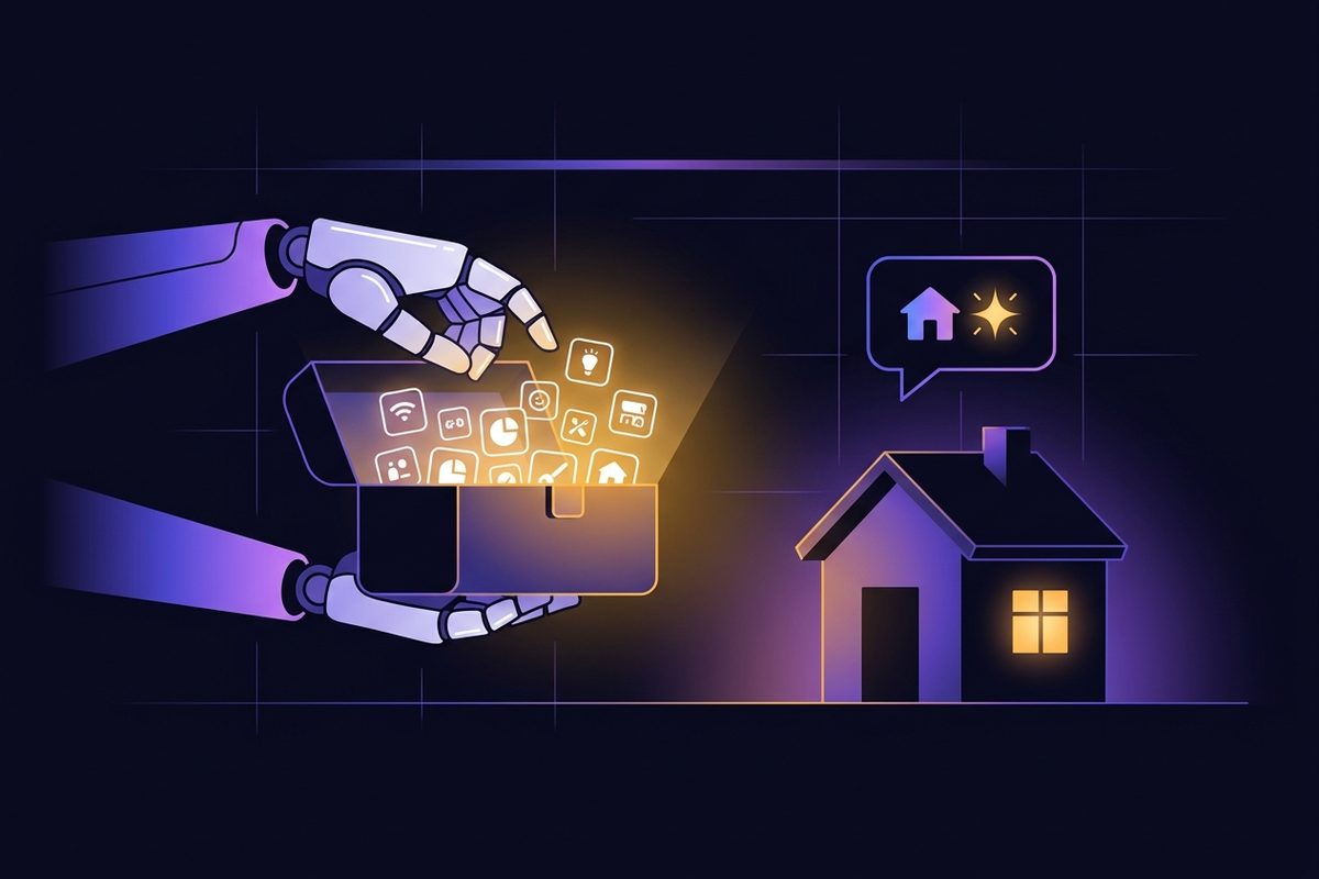 Illustration of robotic hands offering a glowing toolbox of app icons to a small house, with an AI chat bubble containing a house and a spark