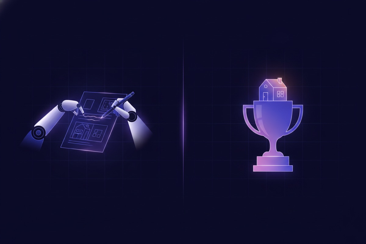 Illustration of a robot arm writing on one side and a glowing trophy with a house on the other