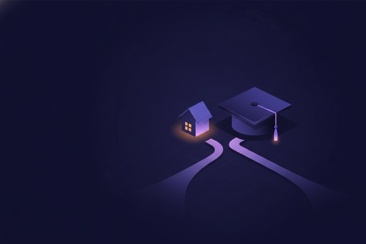 Illustration of a graduation cap beside a small house with a fork in the road