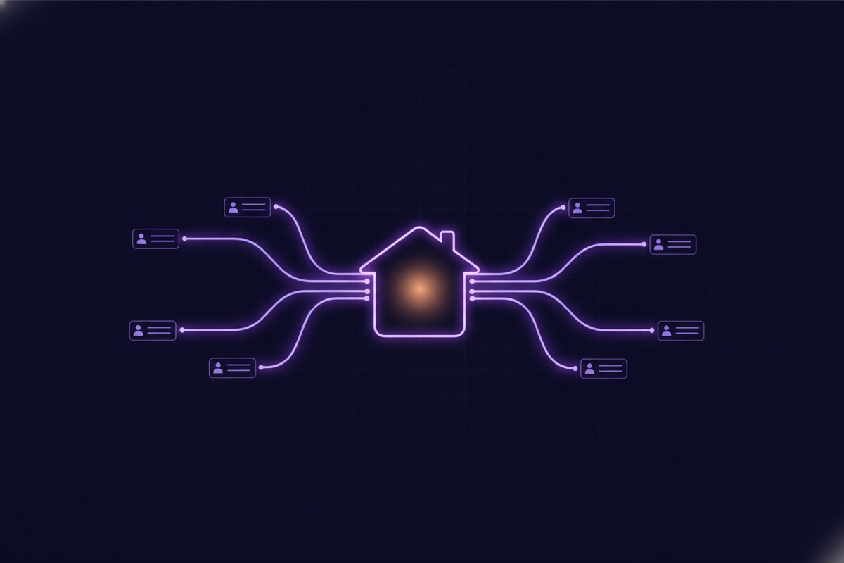Illustration of stylized contact cards flowing into a glowing house-shaped hub