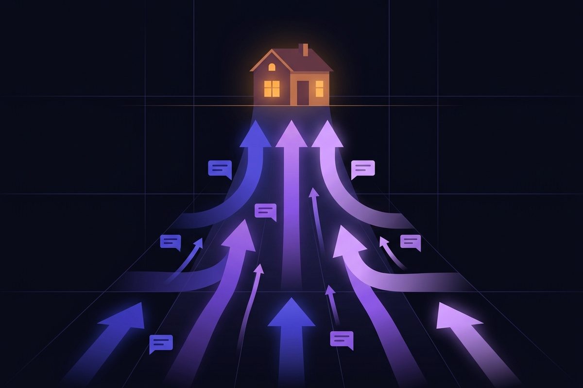 Illustration of glowing arrows and chat bubbles converging upward into a single house