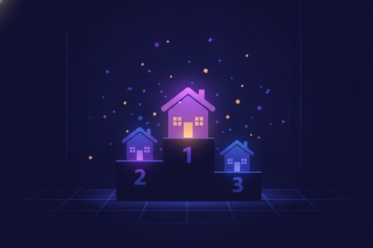 Illustration of a podium of glowing houses ranked first through third