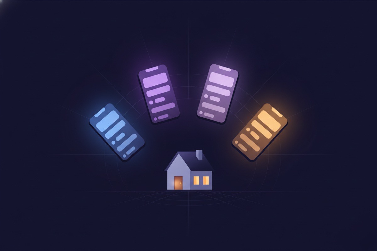 Illustration of four glowing phone screens with abstract social feeds arranged around a small warm house