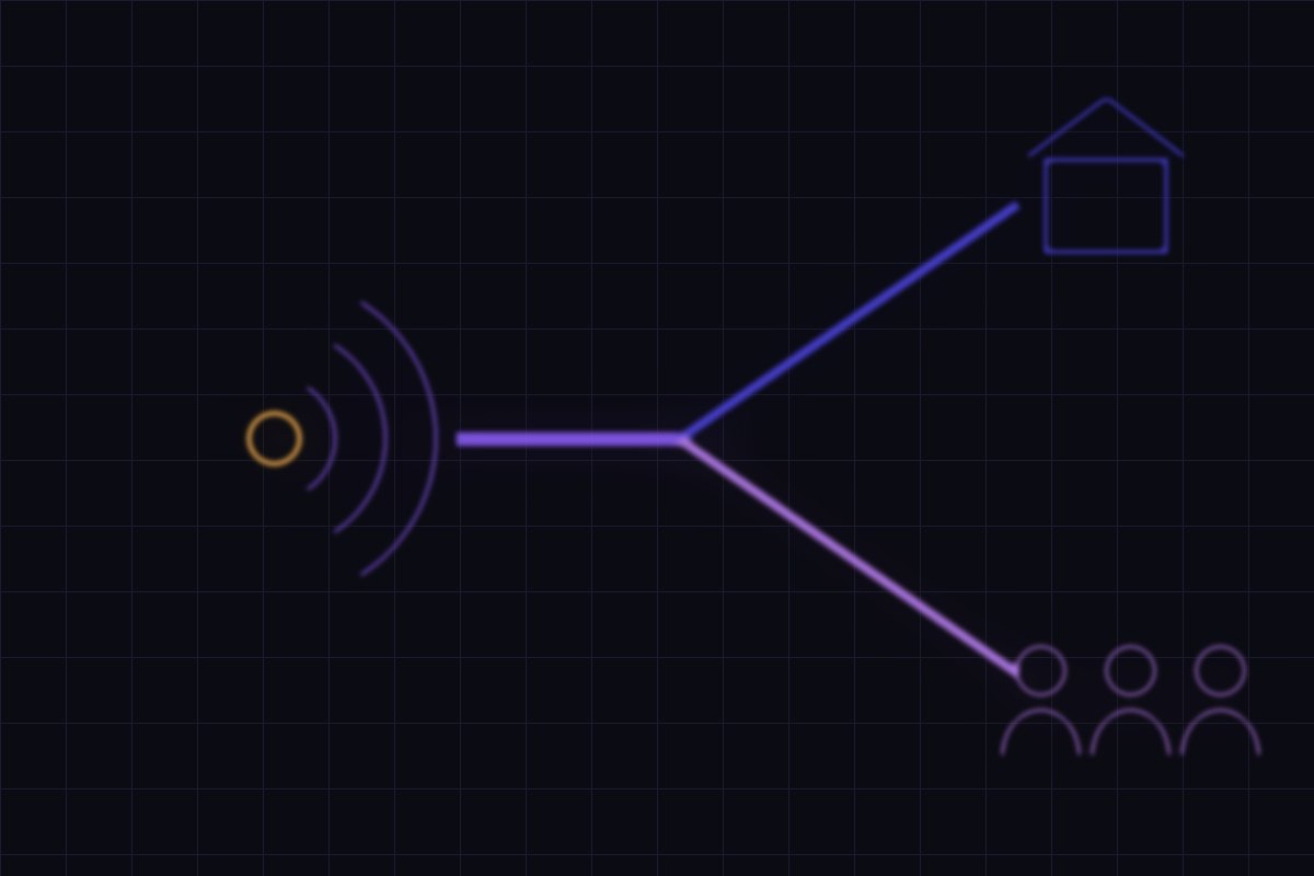 Illustration of one glowing broadcast splitting into two divergent paths leading to two different audiences