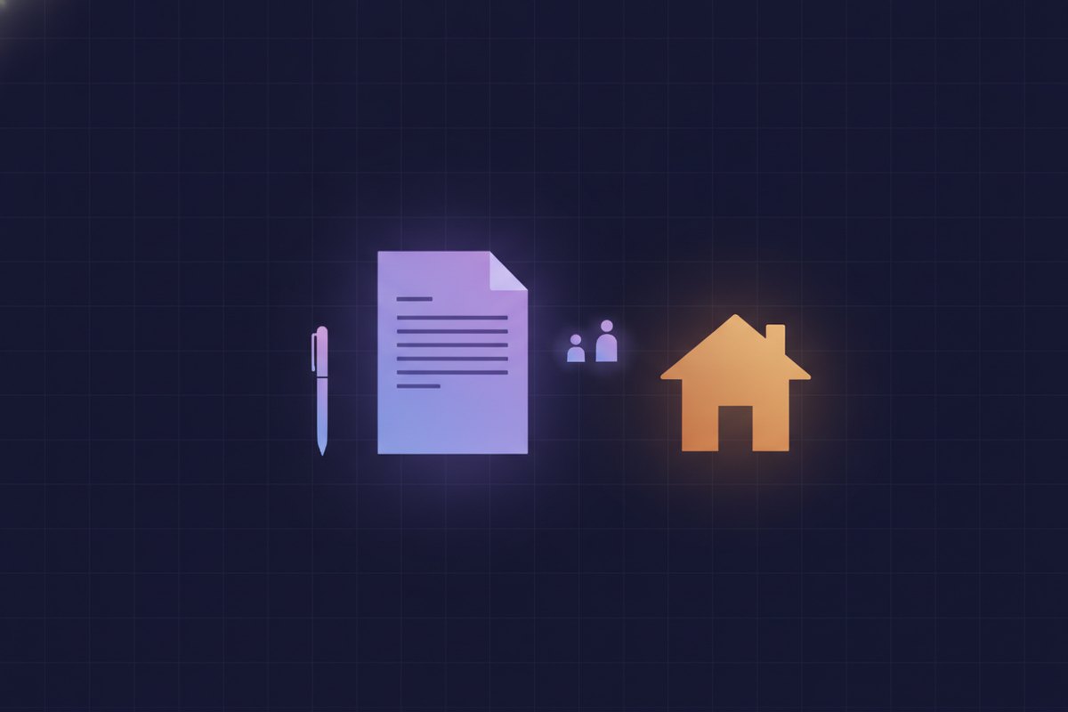 Illustration of a glowing document with a pen beside two small figures and a warm house, calm and reassuring