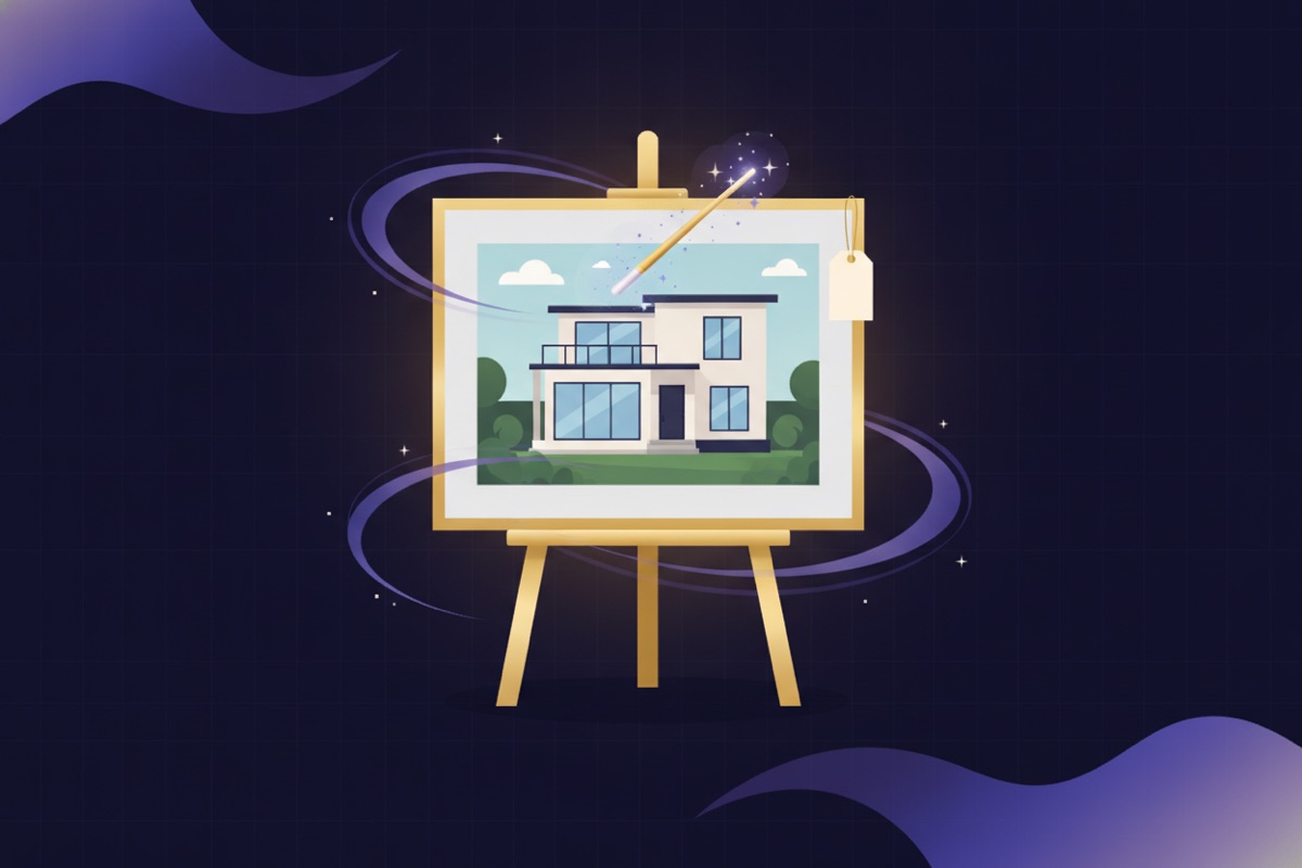 Illustration of a framed house photo with an AI sparkle wand and a small disclosure tag