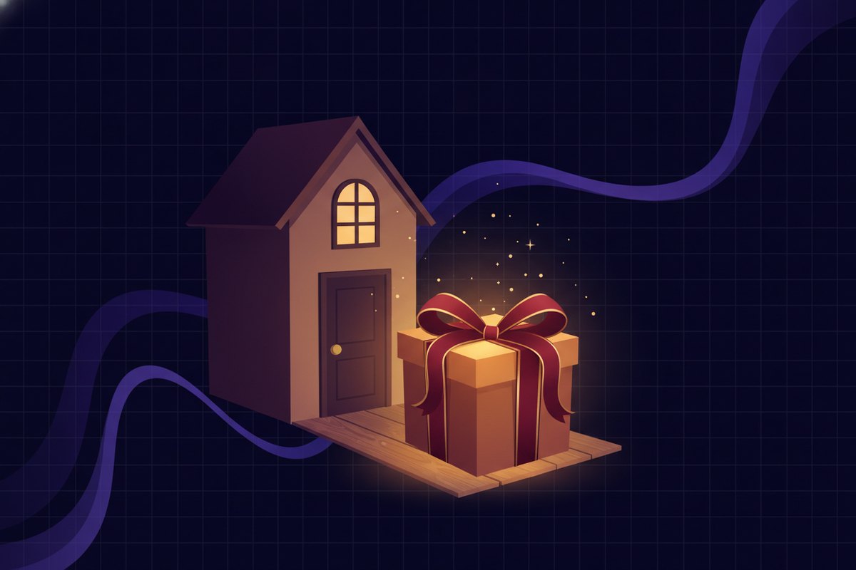 Illustration of a warmly glowing gift box with ribbon on a doorstep of a small house, soft sparkles