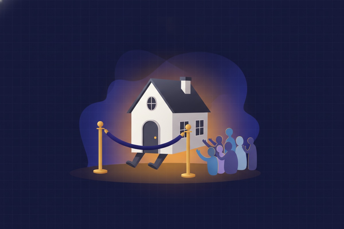 Illustration of a house stepping out from behind a velvet rope into open public light