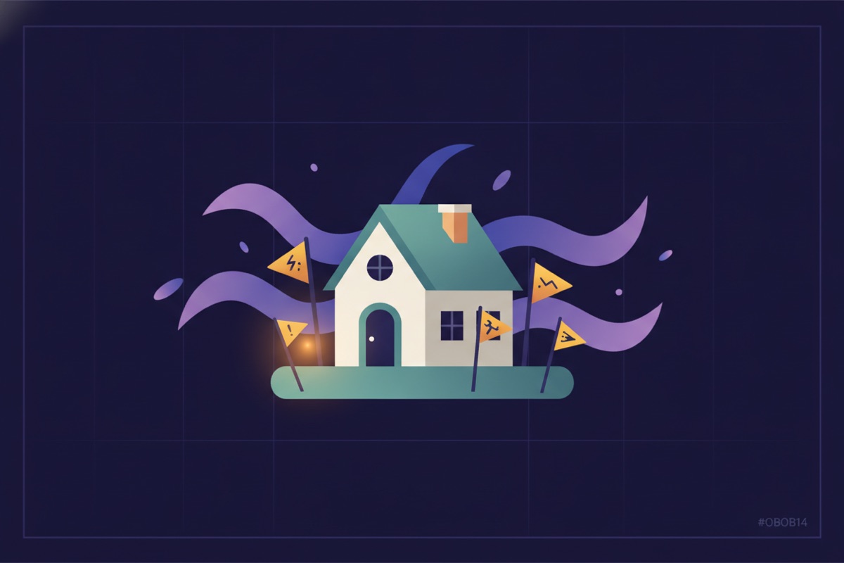 Illustration of a house with several small warning-sign flags planted around it