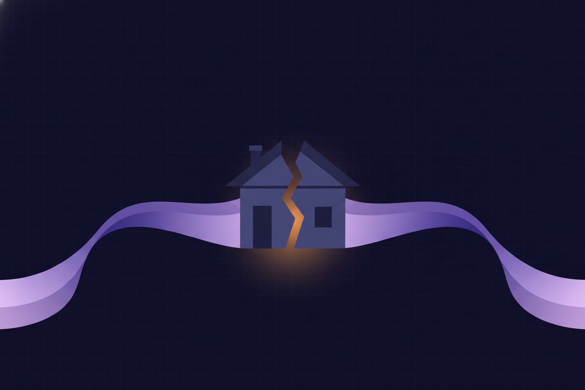 Illustration of a house gently splitting into two soft glowing paths, handled with calm and care