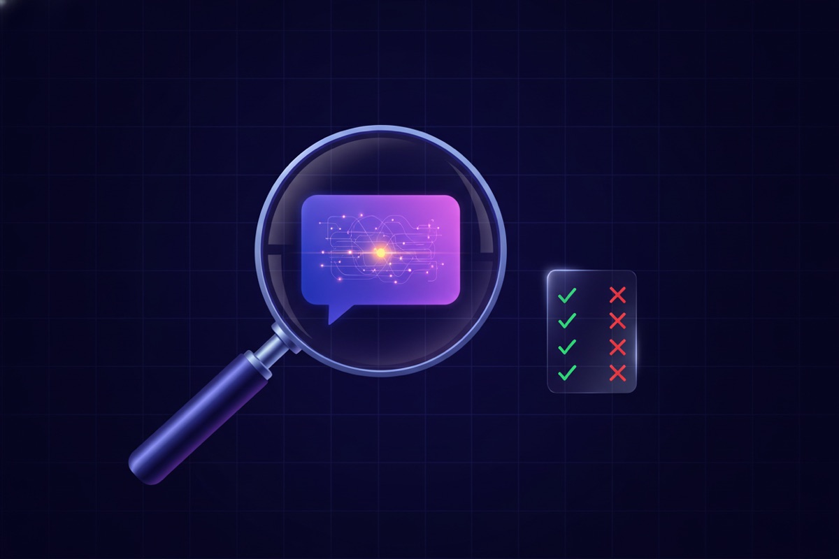 Illustration of a magnifying glass examining an AI chat bubble beside a small scorecard
