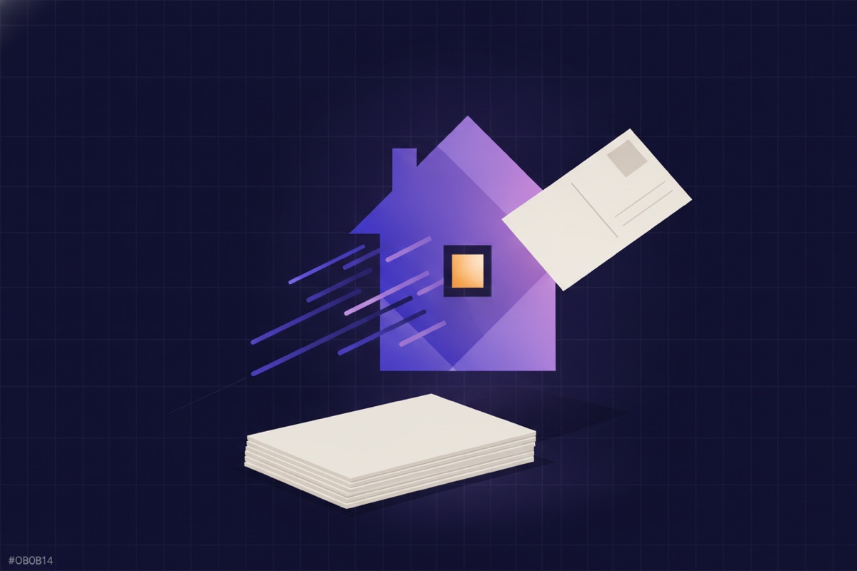 Illustration of a stack of postcards with one glowing card lifting off toward a house