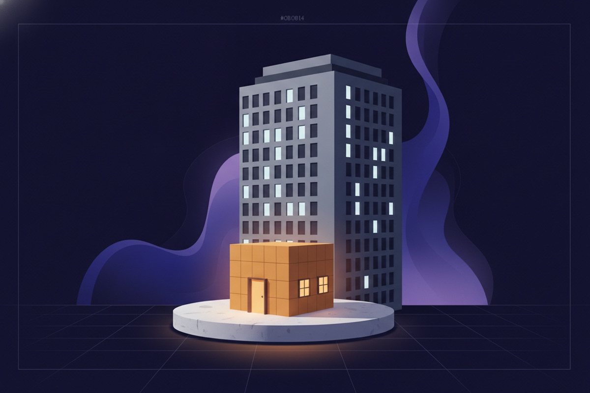Illustration of a small house standing on its own glowing foundation apart from a large corporate building