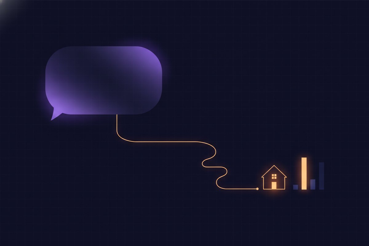 Illustration of a small bar chart beside a large AI chat bubble with a single glowing path leading to a warm house