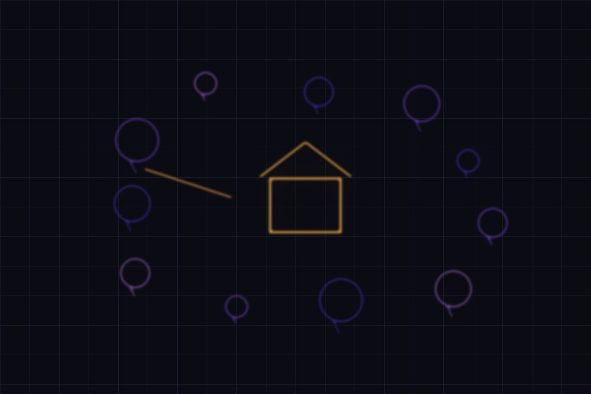 Illustration of glowing social reaction bubbles orbiting a house, with one thin path leading in
