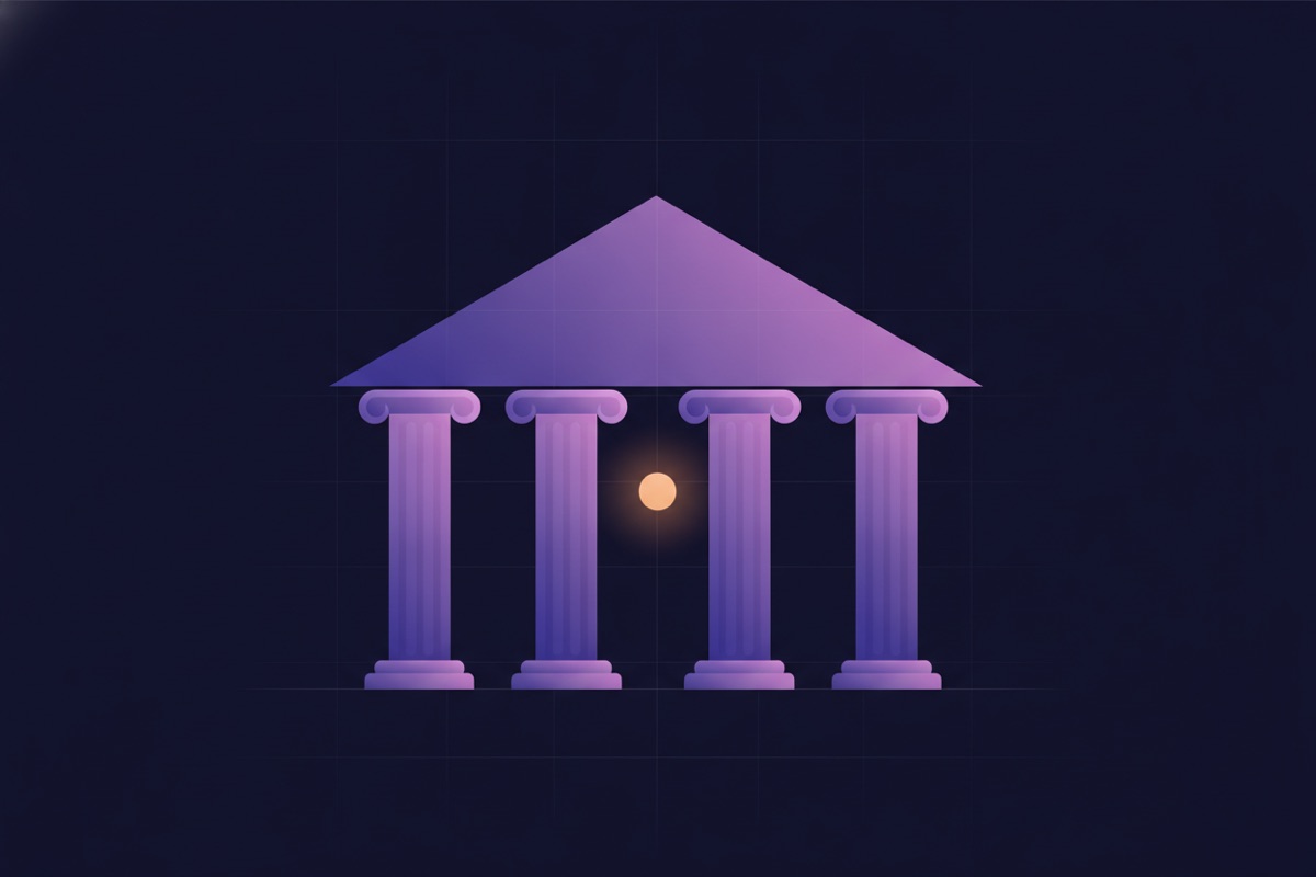 Illustration of four glowing pillars supporting a house-shaped roof