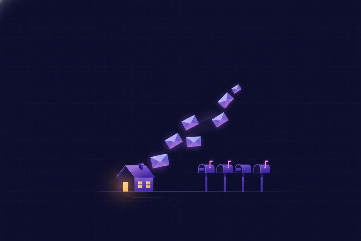 Illustration of glowing envelopes flying from a small house toward a row of mailboxes