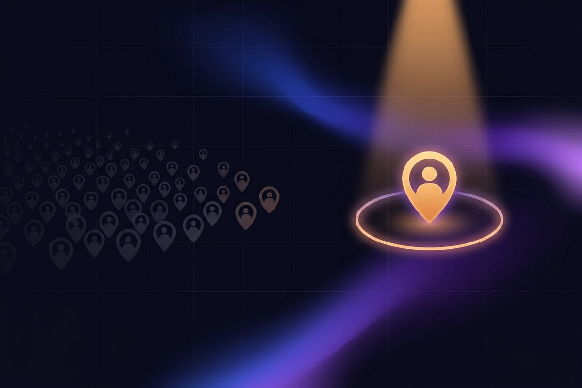 Illustration of a single glowing lead held apart from a crowd of grasping hands, under a spotlight