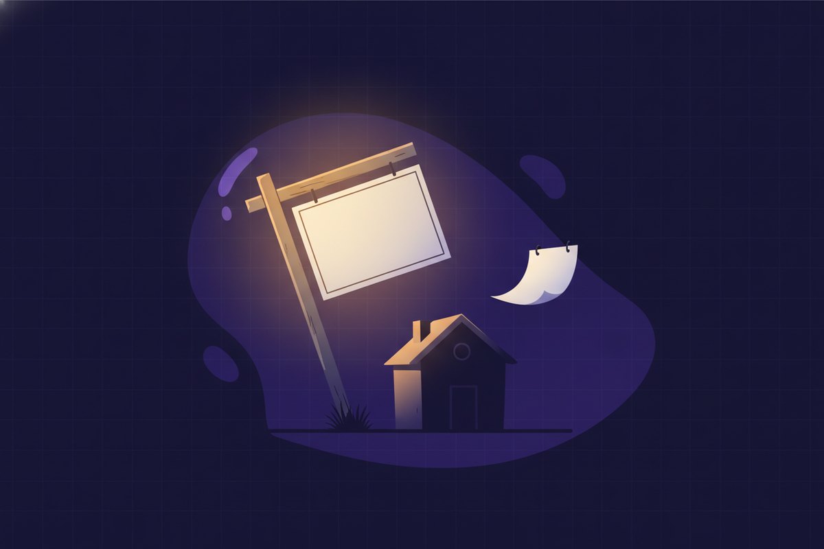 Illustration of a faded for-sale sign being relit by a warm glow beside a small house, a calendar page turning