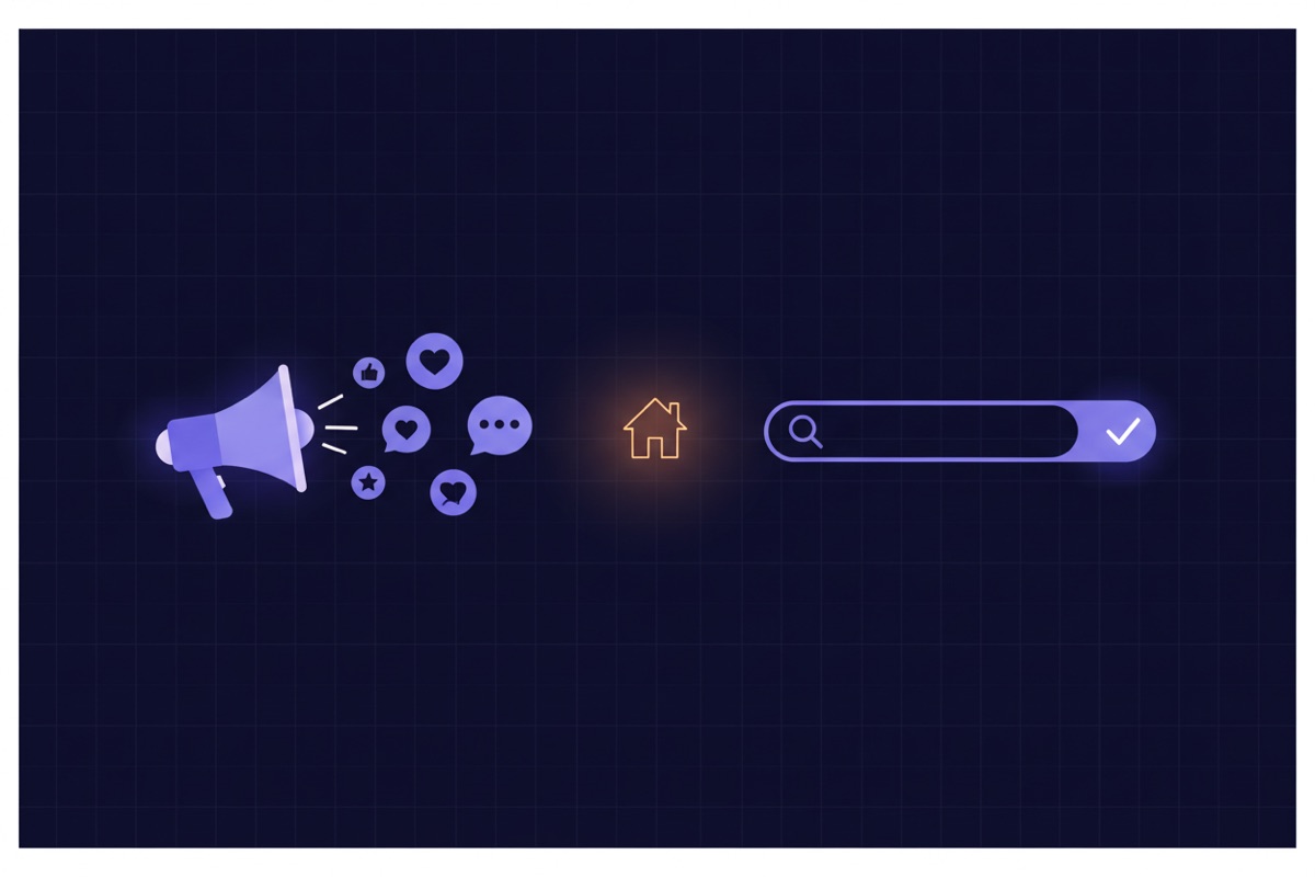 Illustration of a megaphone on one side and a search bar with a verified badge on the other, house between them