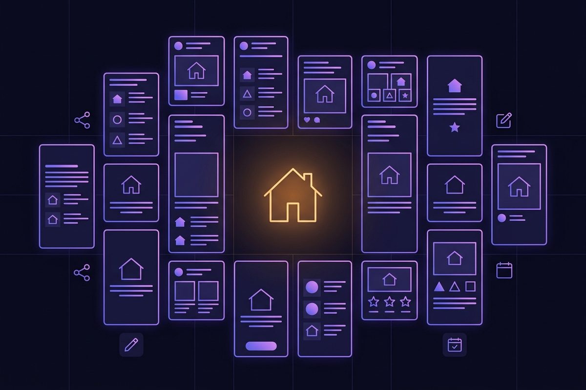 Illustration of glowing template cards, social graphics, and tool icons arranged around a house