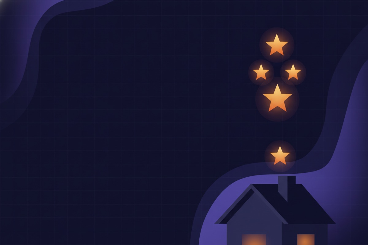 Illustration of five glowing stars rising from a house like lanterns