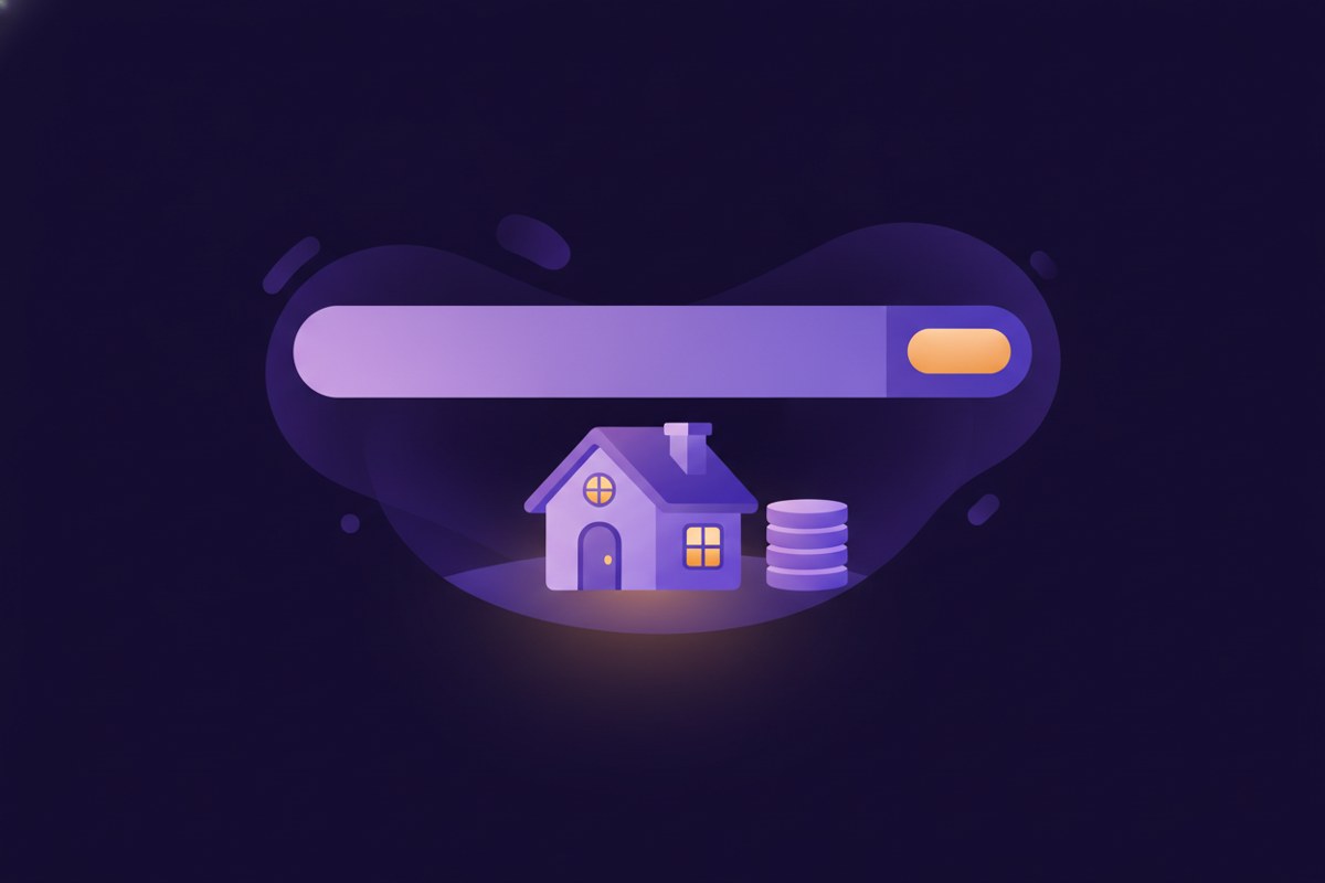 Illustration of a glowing search bar above a small house with coins beside it