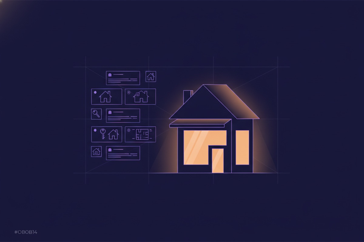 Illustration of small update cards pinned to a glowing storefront-style house