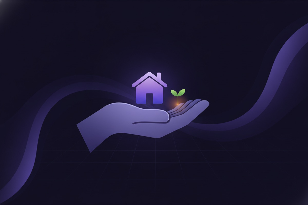 Illustration of a small sprouting house held in an open hand