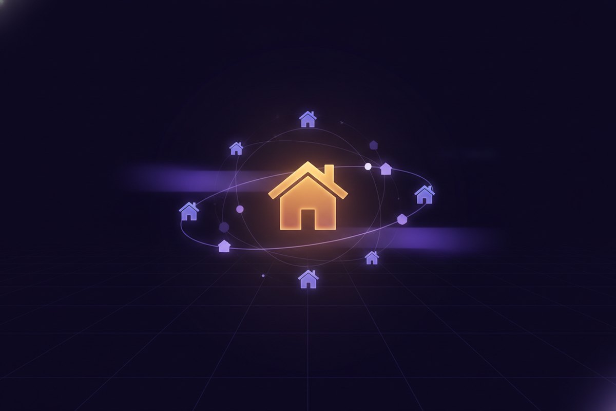 Illustration of several small glowing house tokens arranged around one warm central house, connected by soft lines