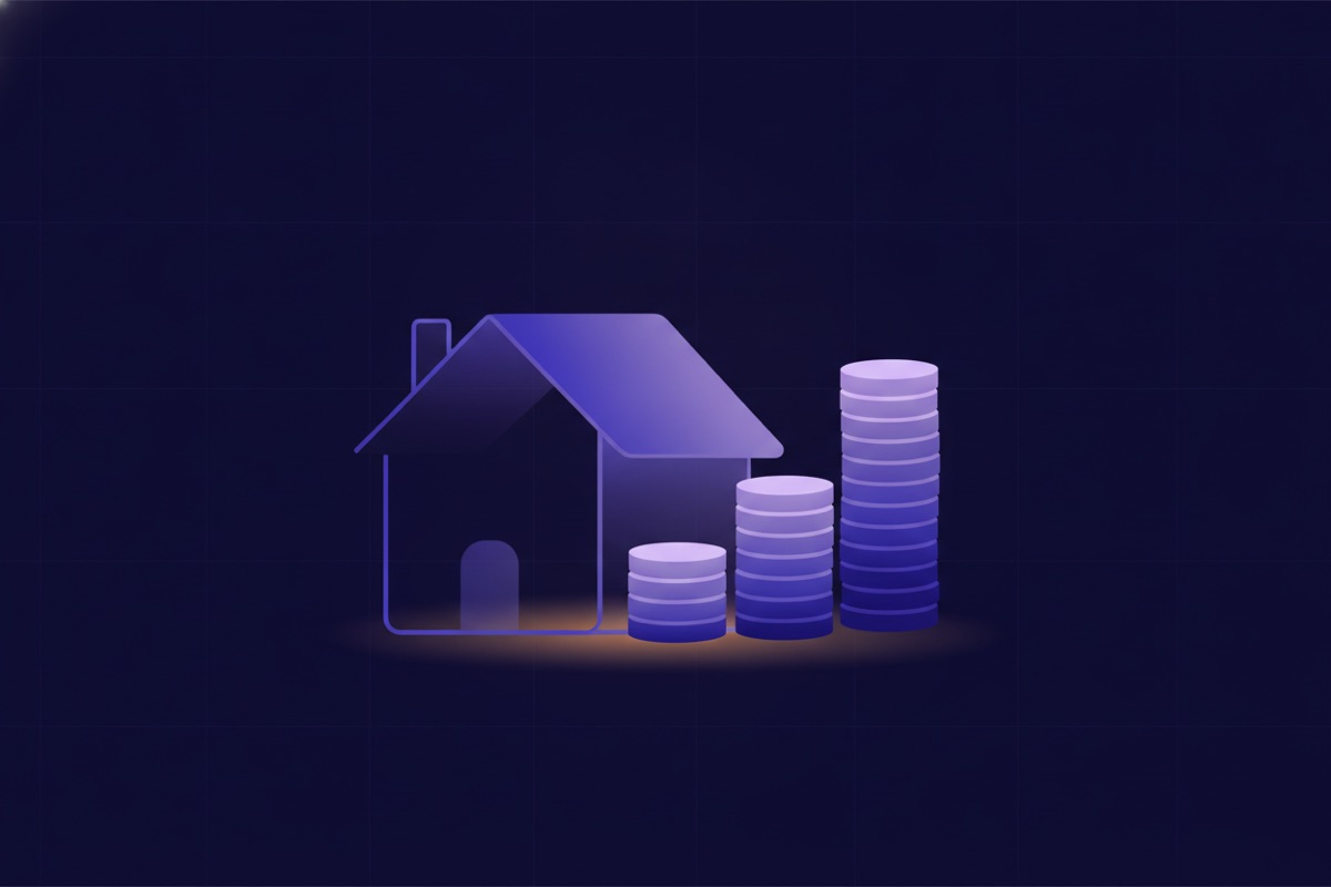 Illustration of a house-shaped piggy bank with gradient coins arranged into a rising chart