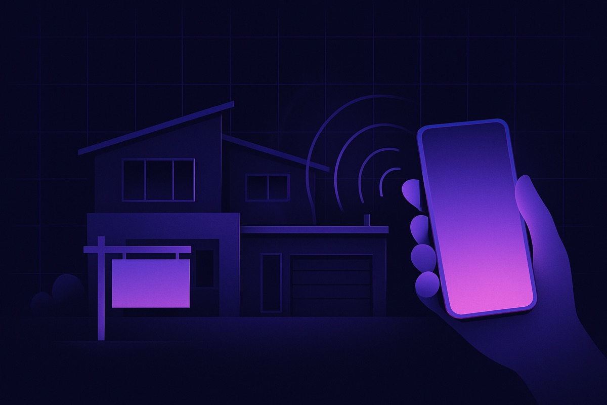 Illustration of a home with a for-sale sign sending signal waves to a phone