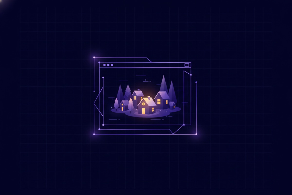 Illustration of a webpage frame being assembled around a neighborhood of small houses