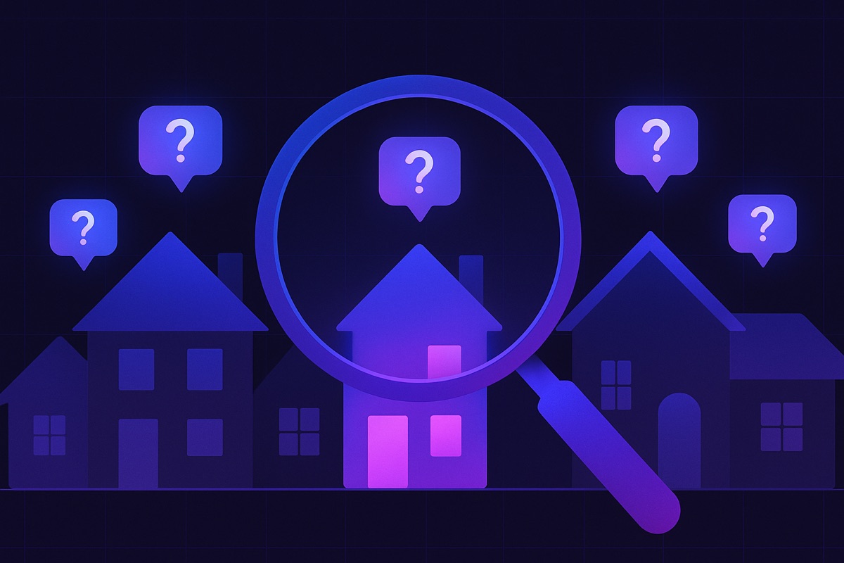 Illustration of a magnifying glass over houses with question-mark chat bubbles