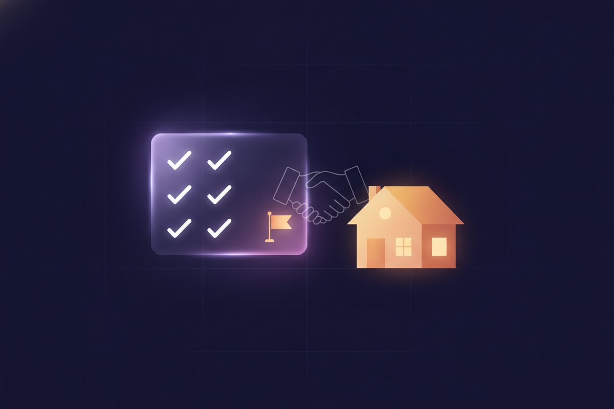 Illustration of a glowing checklist card with checkmarks and one flagged item beside a small warm house