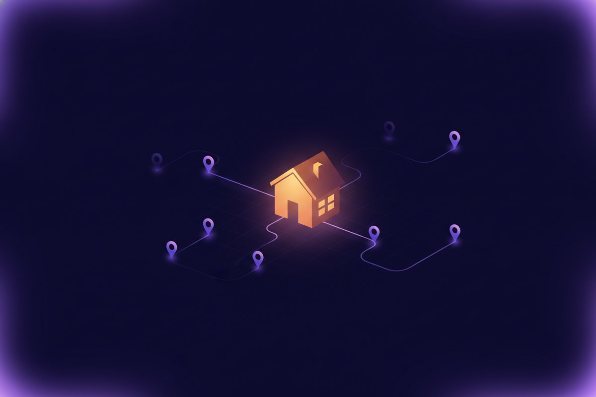 Illustration of a warm central house drawing several small glowing person markers toward it along gentle paths