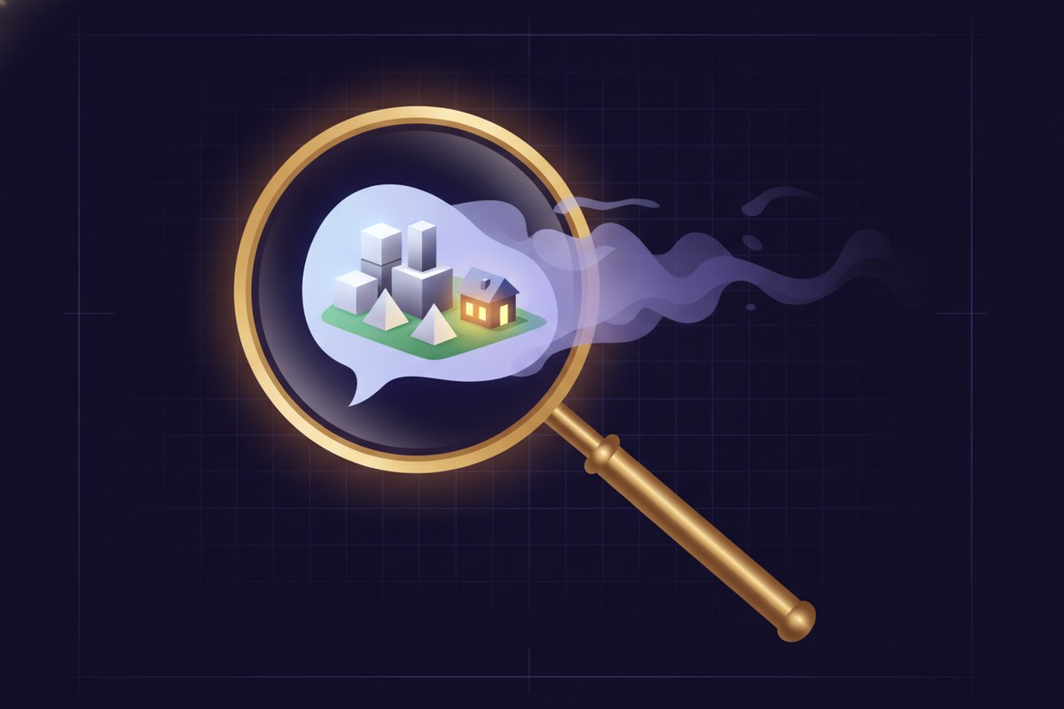 Illustration of a magnifying glass over a glowing AI chat bubble, half resolving into solid blocks and half fading into smoke