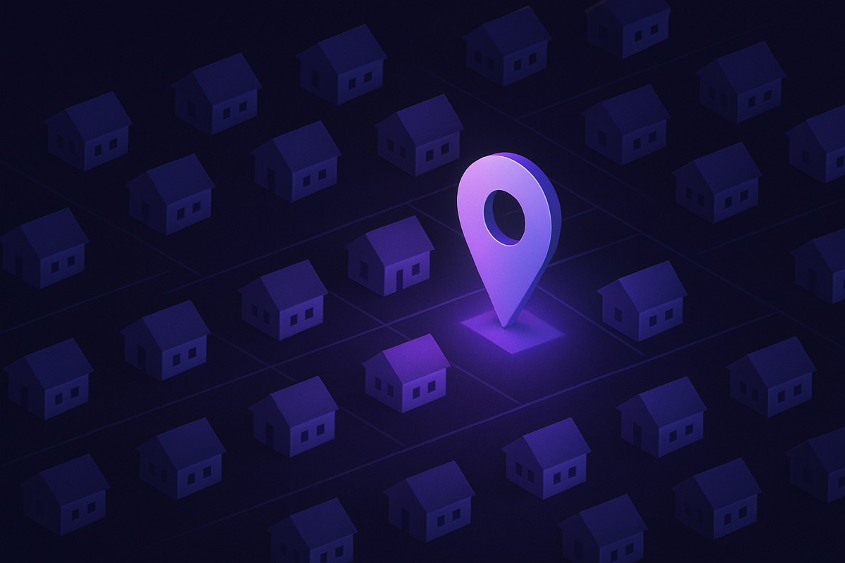 Illustration of a neighborhood map with one glowing map pin above a block of homes