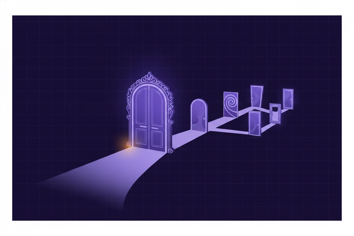 Illustration of one large glowing doorway with several smaller distinct doorways beside it