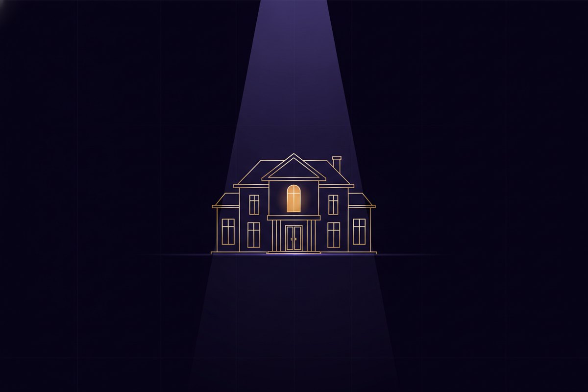 Illustration of an elegant grand house under a single refined spotlight with restrained gold accents