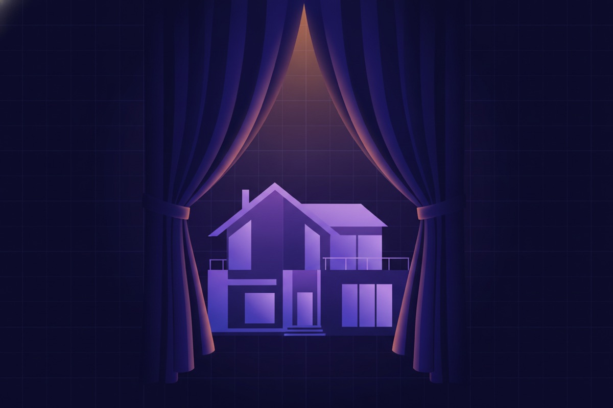 Illustration of a house glowing softly behind a partially lifted curtain