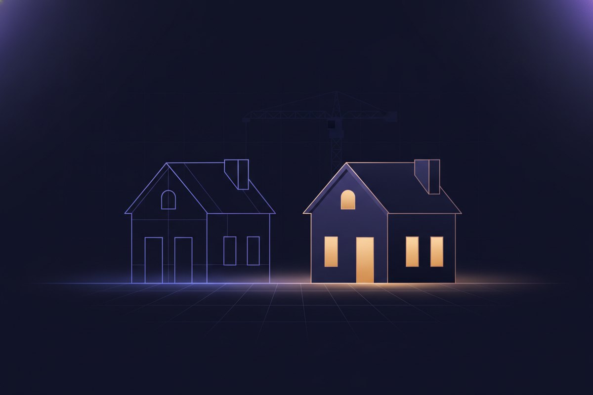 Illustration of a house being assembled from glowing frame lines beside a finished warm house, subtle crane silhouette