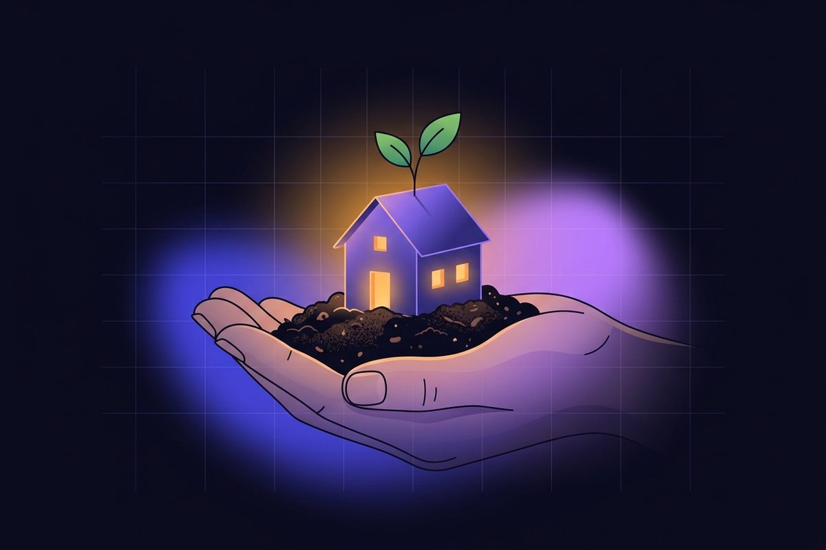 Illustration of an open hand holding soil with a small glowing house sprouting a green seedling