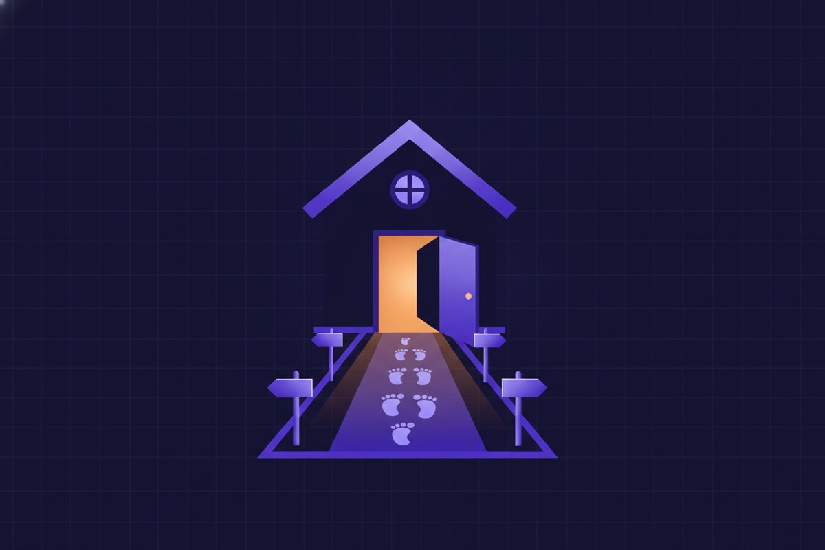 Illustration of a warm glowing house with open door, a welcome sign and small directional signs on a path leading in