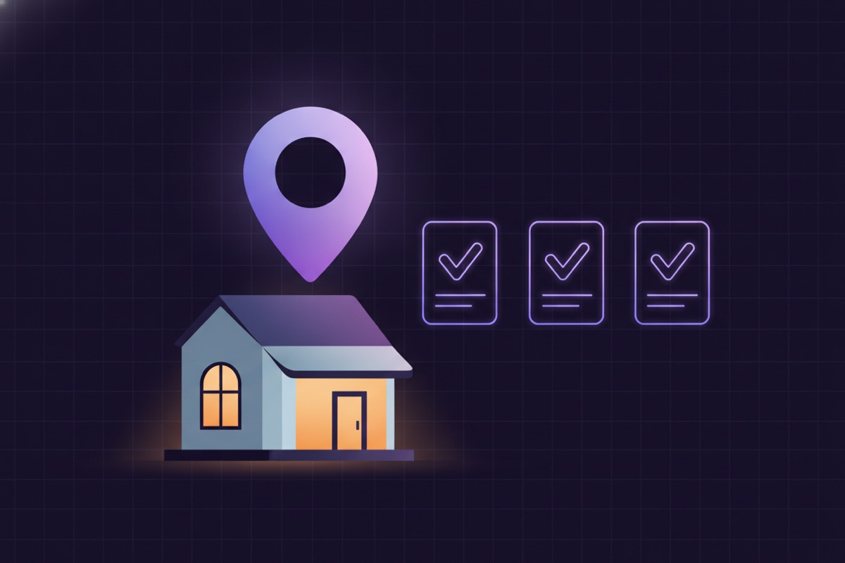 Illustration of a glowing map pin above a storefront-style house with checklist marks