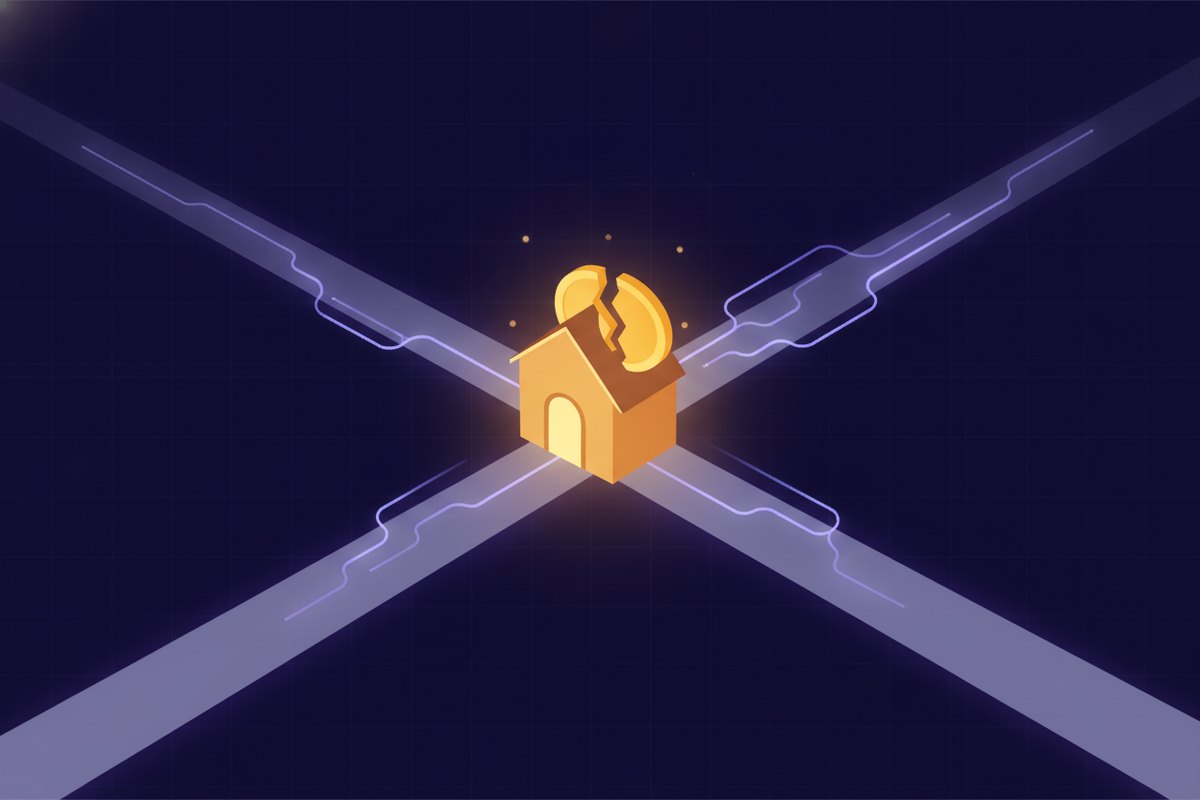 Illustration of several lead paths converging on a small house with a coin splitting at the closing doorway