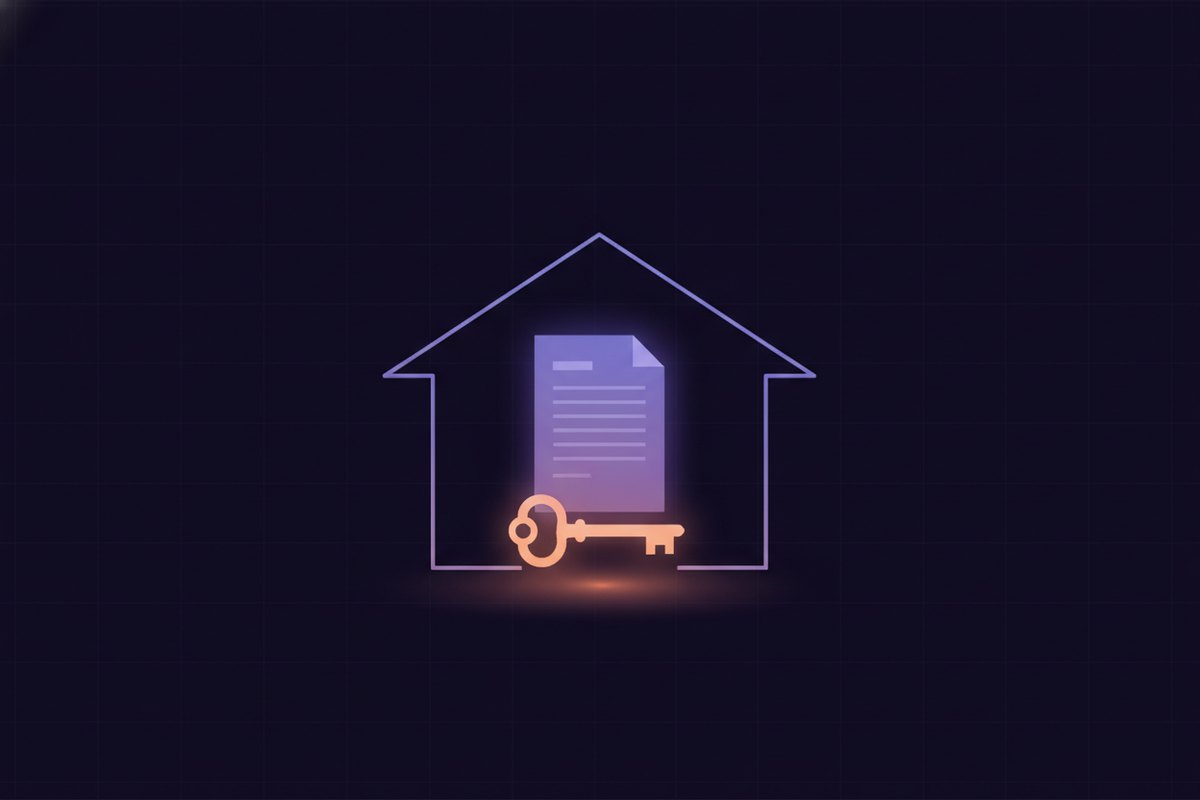 Illustration of a house with a gentle document and key resting before it, soft respectful glow