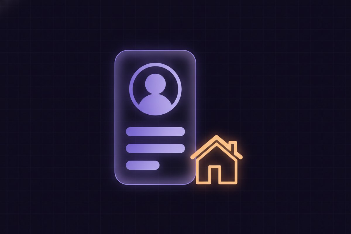 Illustration of a glowing profile card with a portrait circle and text lines beside a small warm house