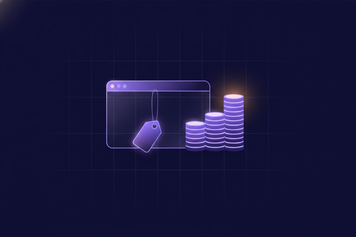 Illustration of a browser window with a price tag, next to stacked gradient coins