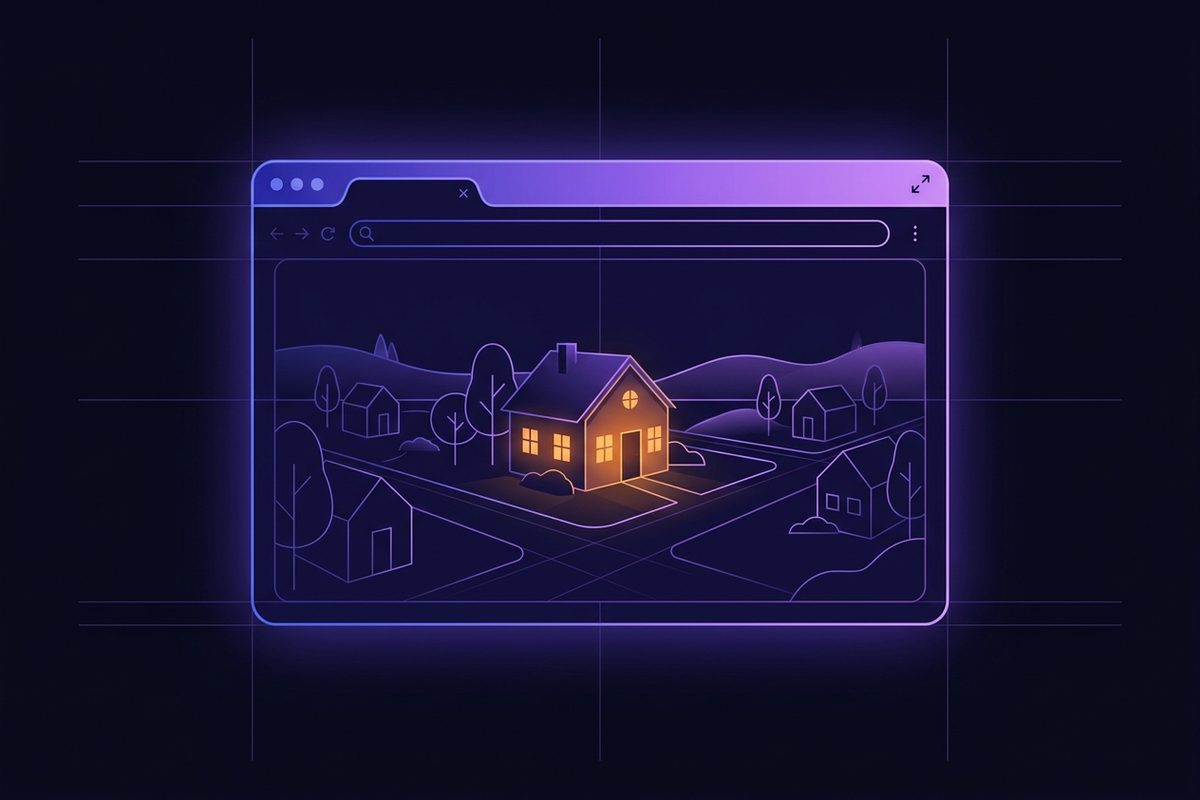 Illustration of a glowing browser window framing a small warm house and neighborhood